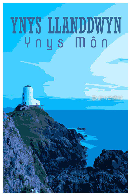 WPA灵感的复古旅行海报Ynys Llanddwyn, Ynys Mon。